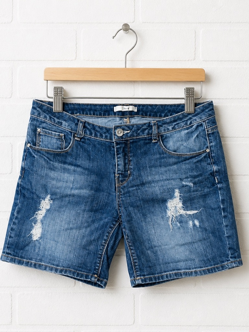Dex Blue Distressed Denim Women’s Mid Length Shorts